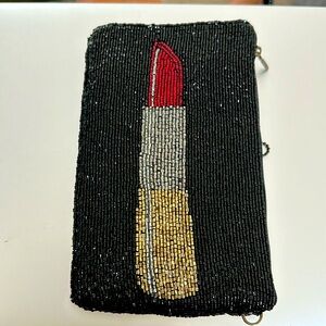 Mary Frances Touch Up Lipstick Beaded Phone Crossbody, Black Multi.